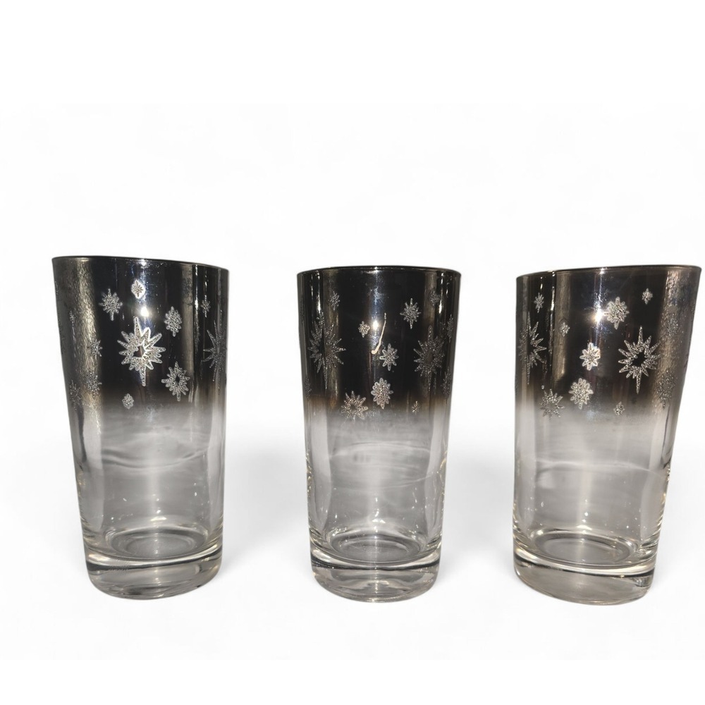 MCM Silver Fade Starburst‎ Highball Glasses Set of 3 Vintage Barware Drinkware